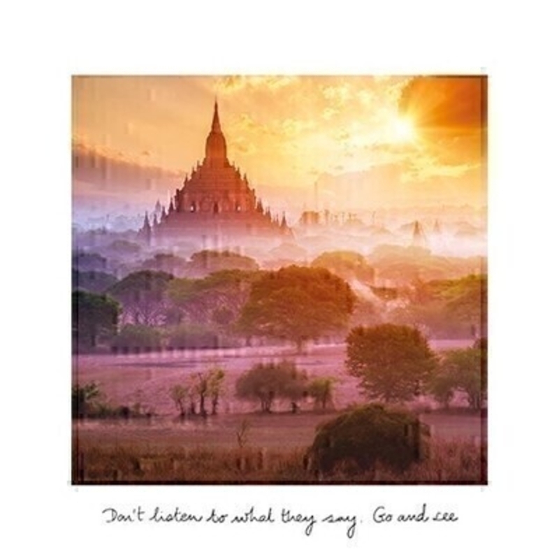 This blank greetings card called Plain of Bagan in Misty Morning features a temple from Mandalay Myanmar with the inspirational message Dont Listen To What They Say. Go and See written on the front.  This card is perfect to send to someone for any occasion and has been left blank inside so you can write your own message. It comes complete with an envelope and is a lovely card from the Art Group.